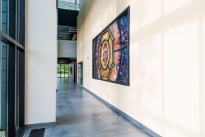 Hallway with stained glass window